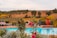 A tranquil scene featuring a luxurious swimming pool surrounded by vibrant flowers and greenery. In the background, rolling hills with neatly planted vineyard rows create a picturesque landscape. The atmosphere is peaceful and inviting, with a large terracotta pot adding a rustic charm near the poolside.
