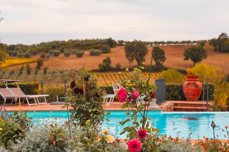 Aerial view of the pool surrounded by lush Tuscan countryside