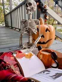 A Halloween-themed setup on a wooden porch featuring a skeleton seated next to a carved pumpkin with a jack-o'-lantern face. In the foreground, there is an open book with autumn leaves scattered on its pages and a plaid blanket nearby. A pumpkin-shaped mug with hot beverage, adorned with mouse ears, is placed beside the scene. Decorations, including small orange and black garlands, are visible in the background against the railing.