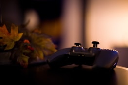 A video game controller rests on a dark surface, bathed in soft, warm lighting. To the left, autumn leaves with a mix of yellow, orange, and brown hues add a seasonal touch.