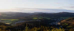 A panoramic view of the Volta landscape dotted with traditional beehives under a clear blue sky.