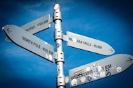 A tall metallic signpost against a clear blue sky, featuring multiple directional signs with distances to various destinations including Halifax, North Pole, Niagara Falls, and Vancouver. The signs are adorned with stickers and decals.