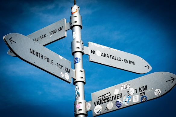 A tall metallic signpost against a clear blue sky, featuring multiple directional signs with distances to various destinations including Halifax, North Pole, Niagara Falls, and Vancouver. The signs are adorned with stickers and decals.