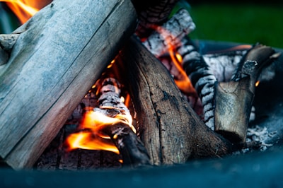 A close-up view of burning firewood, with flames and embers visible among the pieces of wooden logs. The logs have a textured, natural appearance and some ash can be seen in the background.