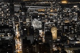 An urban nighttime scene with a densely packed cityscape featuring numerous illuminated skyscrapers and buildings. Amidst the city lights, a large mural of a man wearing a hat and holding a cigarette is prominently visible on one of the buildings.