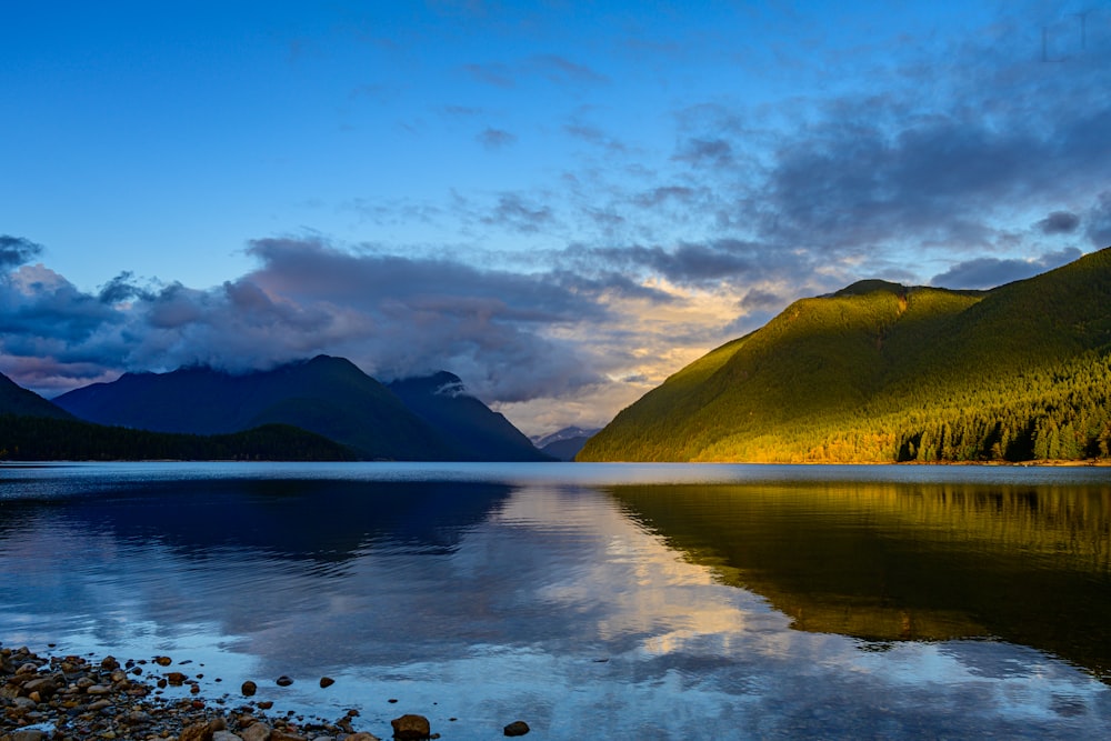 a lake surrounded by mountains under a cloudy sky