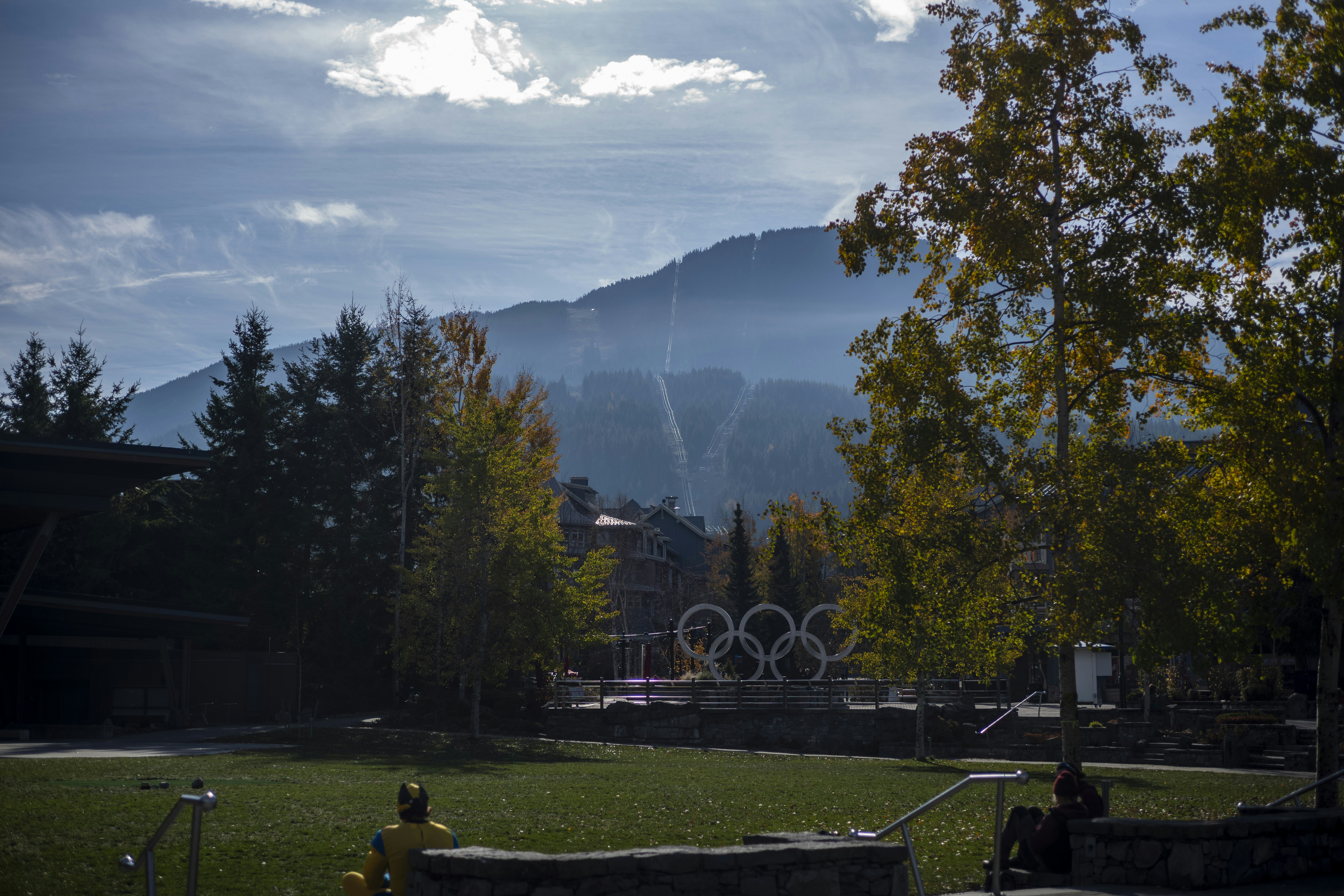 a view of the olympic rings from a park