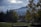 A scenic view captures a mountainous landscape under a partly cloudy sky. Shaded trees frame an open grassy area, leading to five interlocking rings, the iconic symbol of the Olympic Games. The mountain in the background is softly illuminated by diffuse sunlight.
