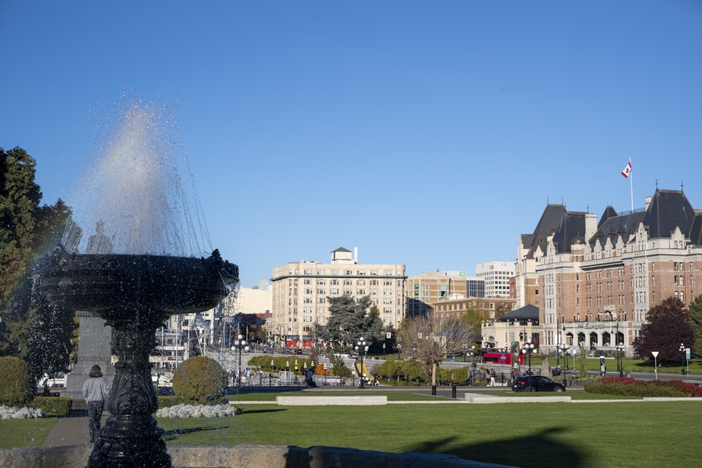 a fountain in the middle of a park with buildings in the background