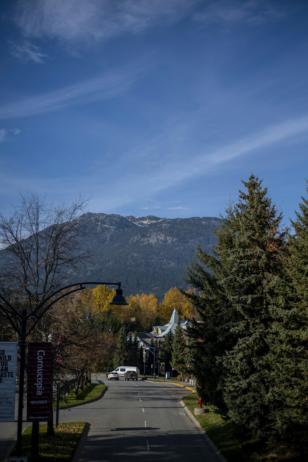 a street with a mountain in the background