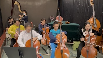 A group of people are seated and engaged in playing string instruments, particularly cellos, in a room. The setting appears to be a music class or rehearsal. There is a variety of ages among the participants, and one person wears a mask. The backdrop features a large stringed instrument, possibly a harp, and a table covered with a green cloth is visible towards the back.