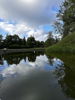 A peaceful pond reflecting the surrounding trees and a cloudy sky.