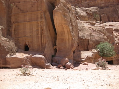 Ancient rock carvings at the historic site of Bhambore surrounded by arid landscape.