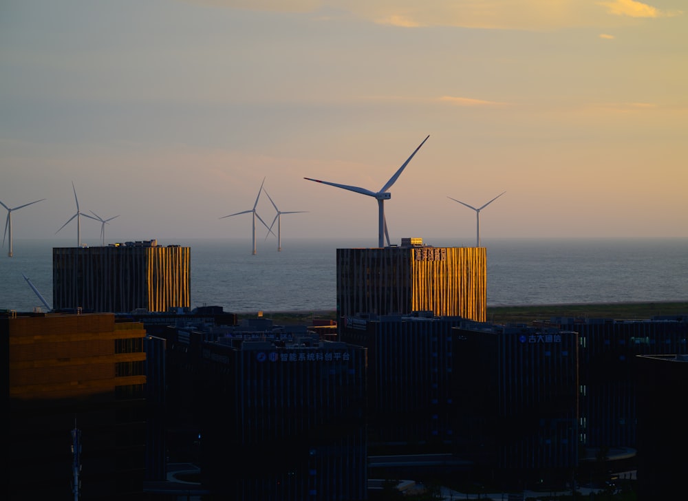 a group of windmills that are next to a body of water