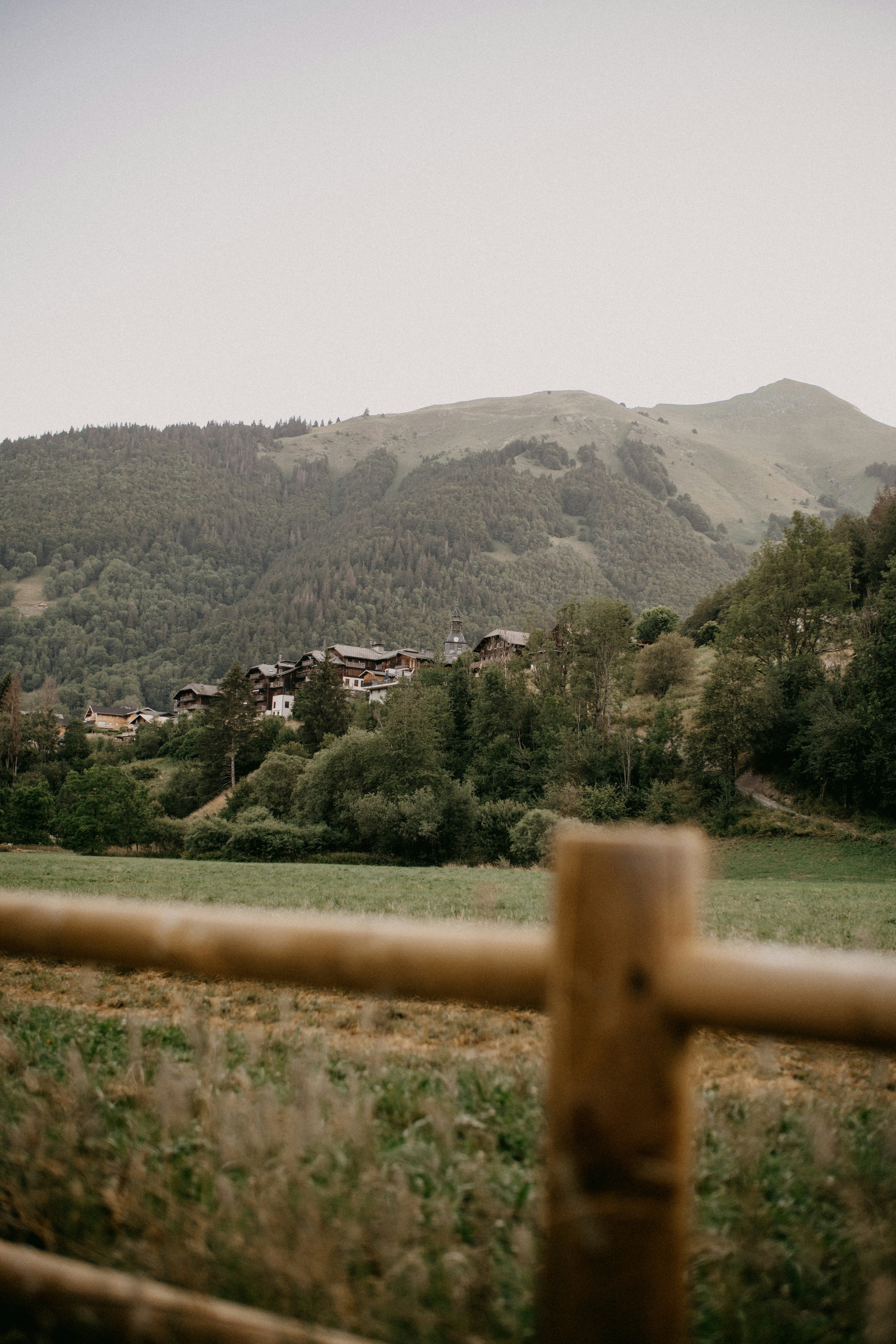 una staccionata di legno di fronte a una collina verde e lussureggiante