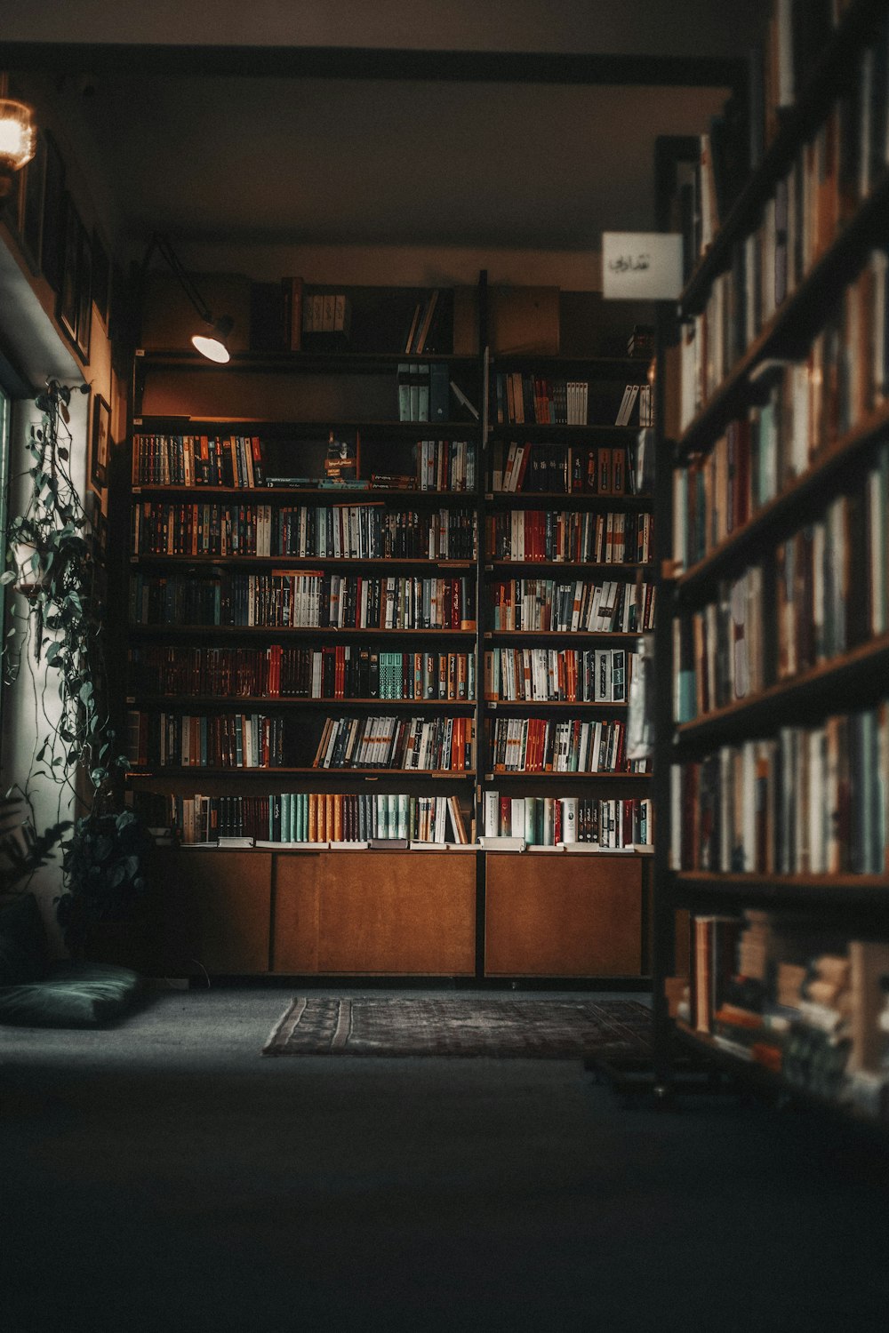 a bookshelf filled with lots of books next to a window