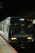 A train is stationed at a dimly lit platform. The train's destination display is lit up with text in both English and an East Asian script. The platform edge is marked with a yellow line and tiles designed for safety.