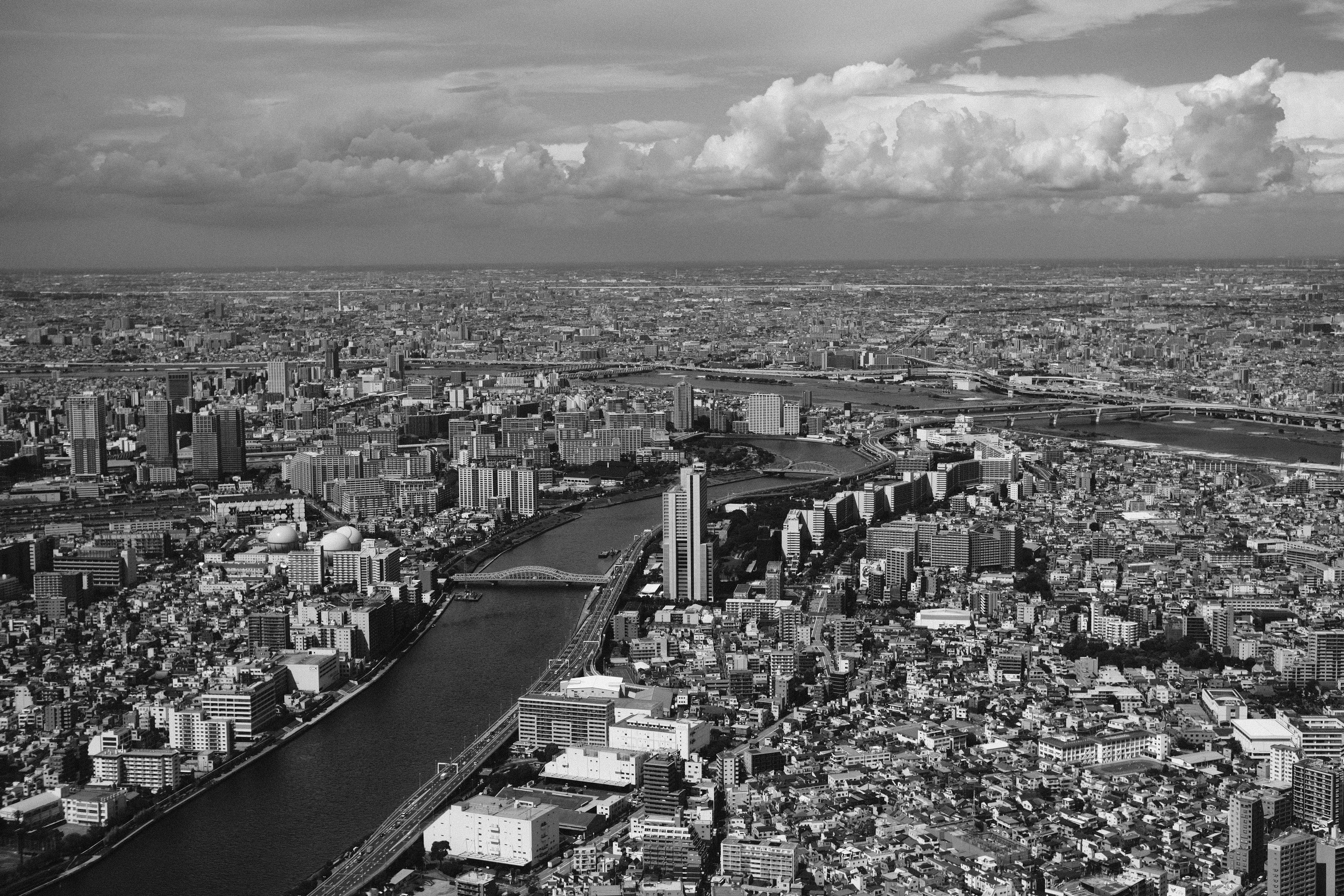 a black and white photo of a large city