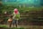 A woman in a patterned blouse and pink headscarf walks alongside a young child in a muddy rice terrace. She holds a bundle of rice seedlings, suggesting agricultural activity. In the background, more people work in the terraces, surrounded by lush green fields.