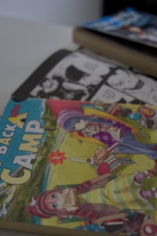 A stack of manga books featuring colorful anime-style illustrations on the covers. One book prominently displayed features two characters in a camping setting; a girl wearing a hat and scarf is eating a sandwich, and another character is sitting on a chair in a striped apron. The background shows an outdoor scene with a lake or river. In the upper right corner, there is a glimpse of another manga book with a darker cover and text in Japanese, hinting at black and white pages inside.