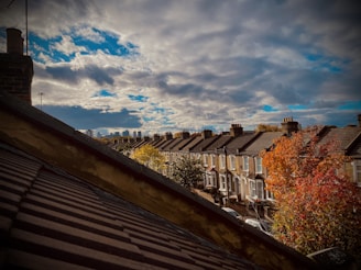 A row of residential houses with brick chimneys is seen from a sloped rooftop. The foreground features a roof with overlapping tiles, while autumn trees with vibrant orange and yellow leaves line the street. The sky is dramatic, filled with a mix of clouds and patches of blue.