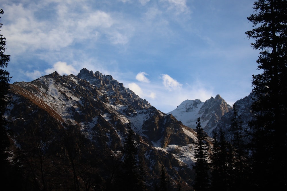 a view of a mountain range with trees in the foreground