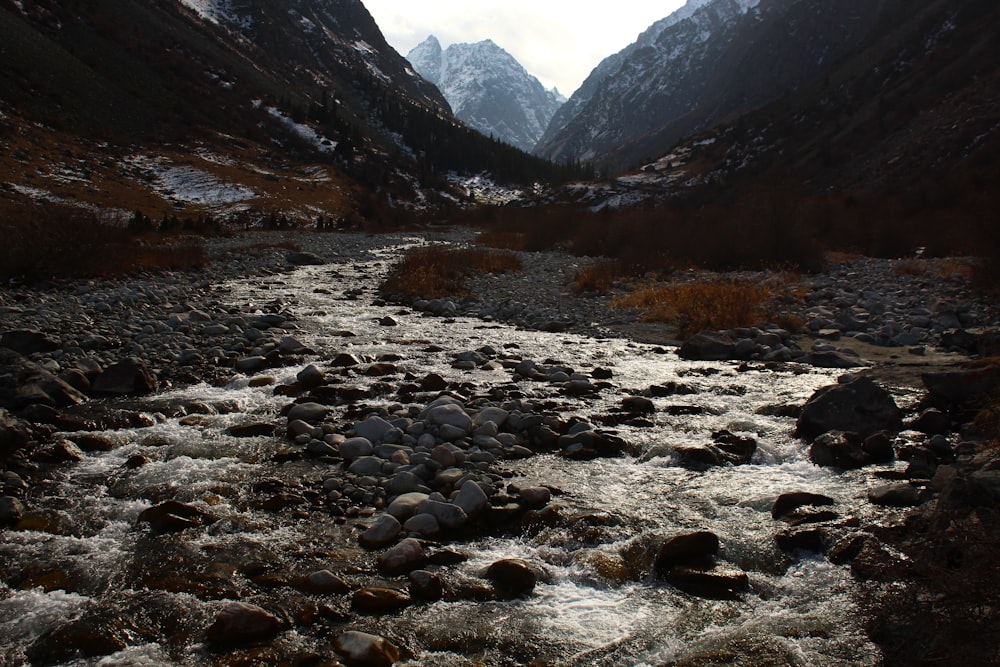 a river running through a valley surrounded by mountains