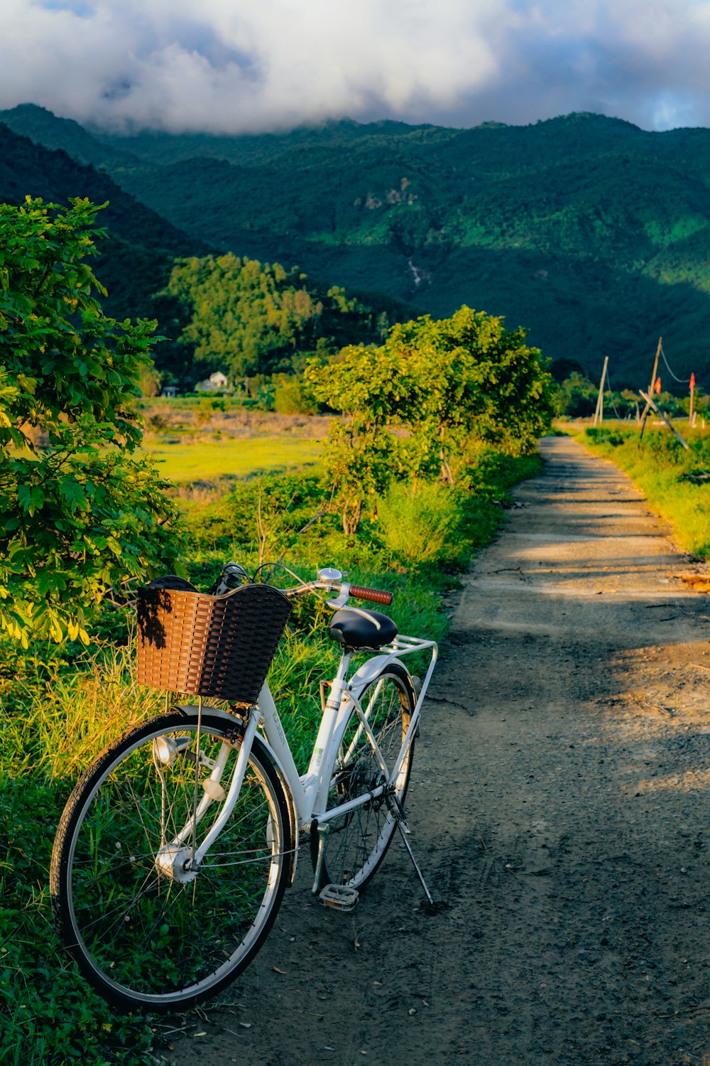 uma bicicleta estacionada à beira de uma estrada de terra