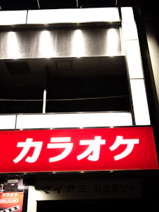 Brightly lit karaoke sign with bold white Japanese characters on a vibrant red background, contrasted with the dimly lit building facade behind it.