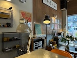 A cozy interior space featuring a mix of modern and vintage elements. On the left, a metal shelf holds cameras and a black crow ornament. Two desk lamps, one labeled 'MORRIS COFFEE,' and another provide lighting. A wall showcases an art piece with the text 'EL MAESTRO' and several mounted records and paintings. Below, a potted plant sits on a table amidst a variety of decor items. A window on the right shows a glimpse of the exterior street.