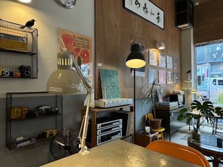 A cozy interior space featuring a mix of modern and vintage elements. On the left, a metal shelf holds cameras and a black crow ornament. Two desk lamps, one labeled 'MORRIS COFFEE,' and another provide lighting. A wall showcases an art piece with the text 'EL MAESTRO' and several mounted records and paintings. Below, a potted plant sits on a table amidst a variety of decor items. A window on the right shows a glimpse of the exterior street.