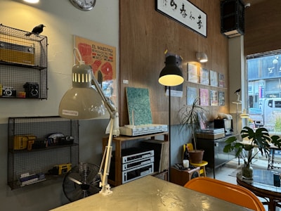 A cozy interior space featuring a mix of modern and vintage elements. On the left, a metal shelf holds cameras and a black crow ornament. Two desk lamps, one labeled 'MORRIS COFFEE,' and another provide lighting. A wall showcases an art piece with the text 'EL MAESTRO' and several mounted records and paintings. Below, a potted plant sits on a table amidst a variety of decor items. A window on the right shows a glimpse of the exterior street.