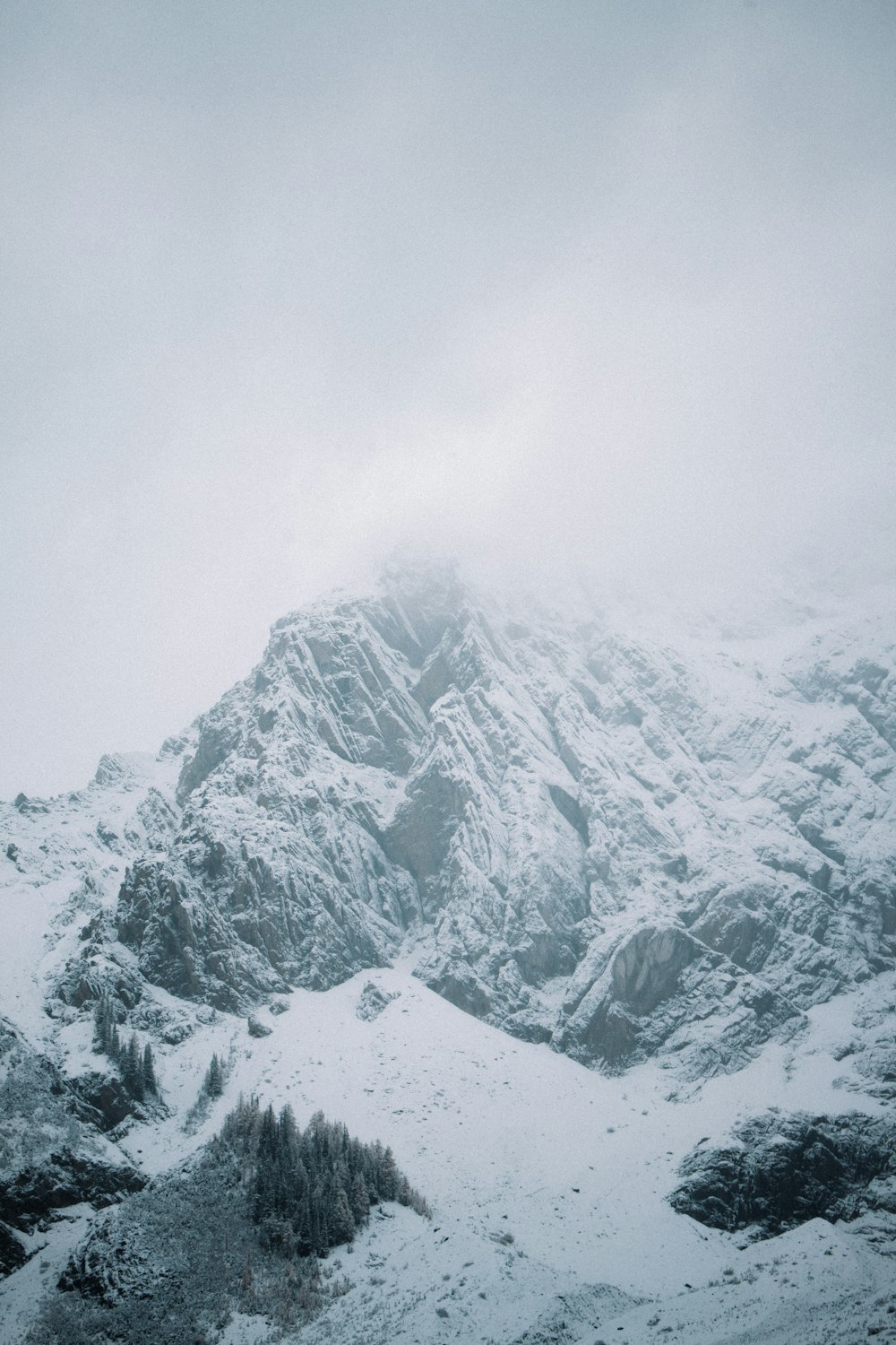 a mountain covered in snow and surrounded by trees