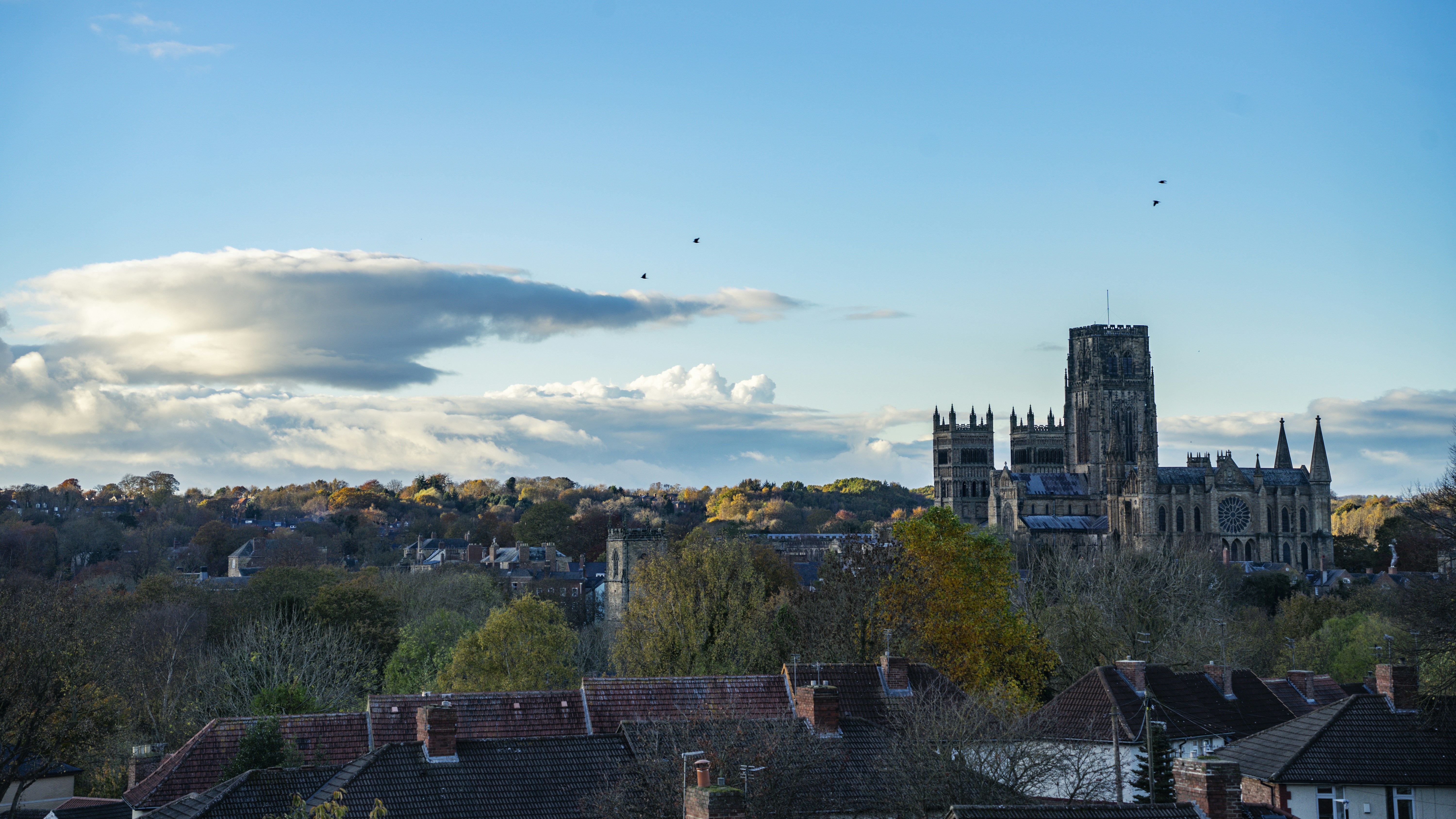 a view of a city with a church in the background