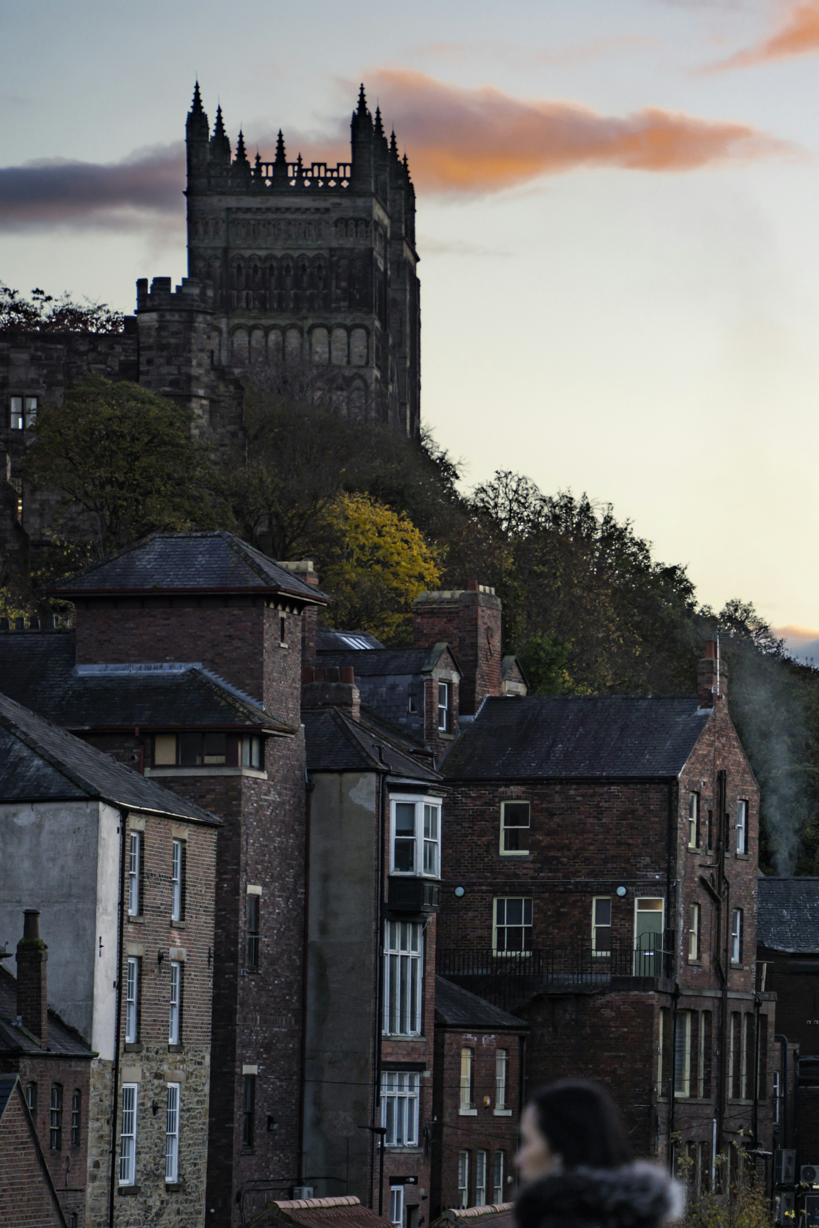 a view of a castle with a pink sky in the background