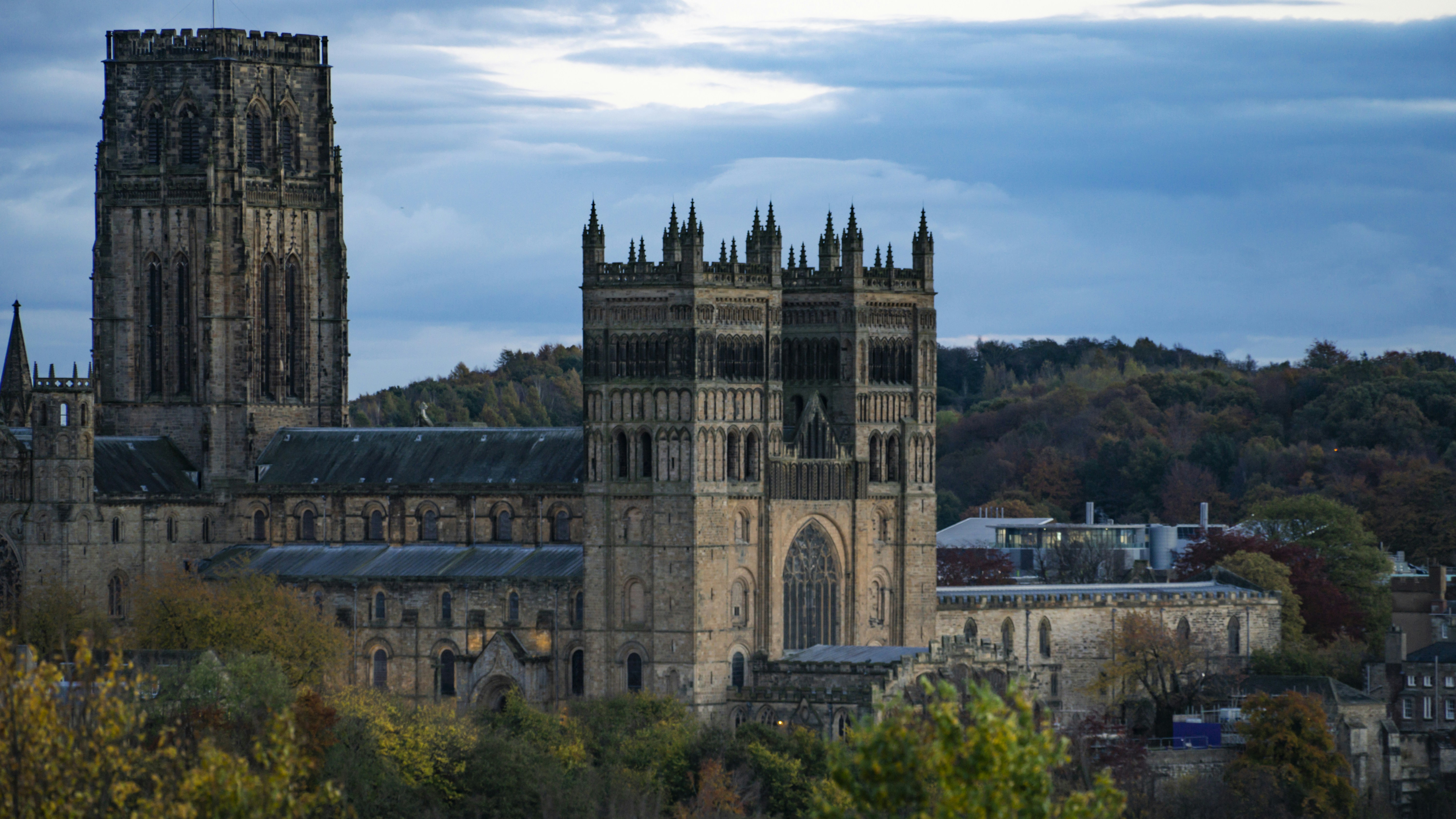 a view of a large cathedral with a clock tower