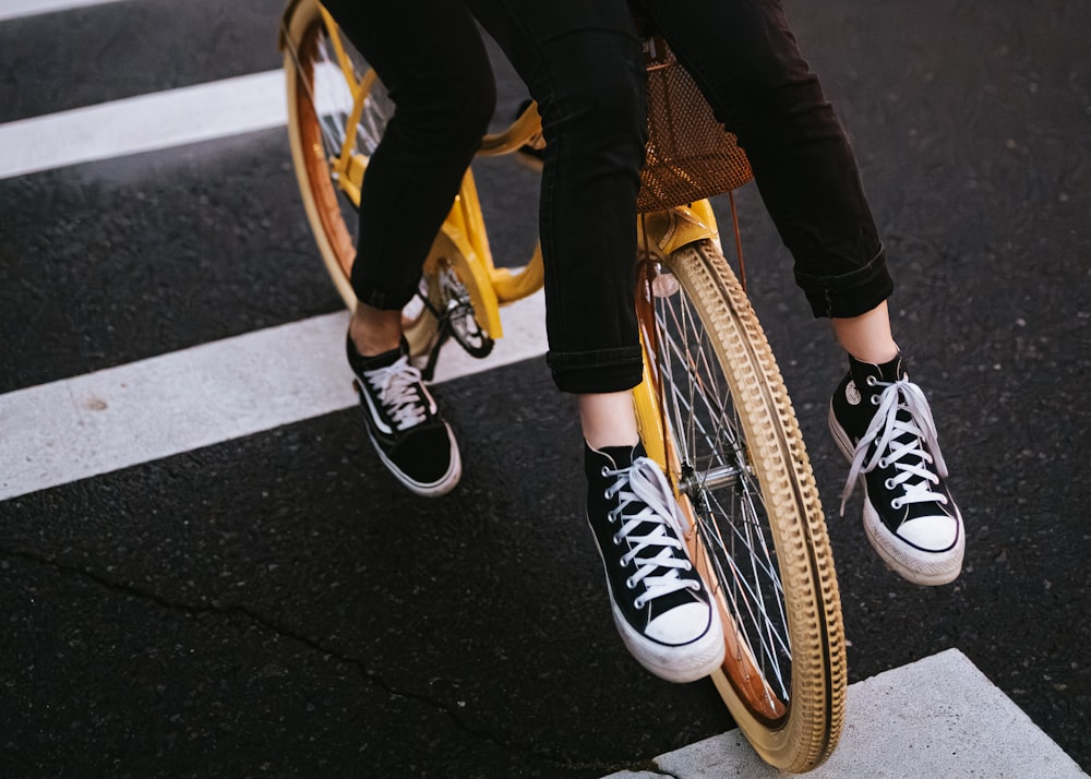 a person is riding a bike with a basket