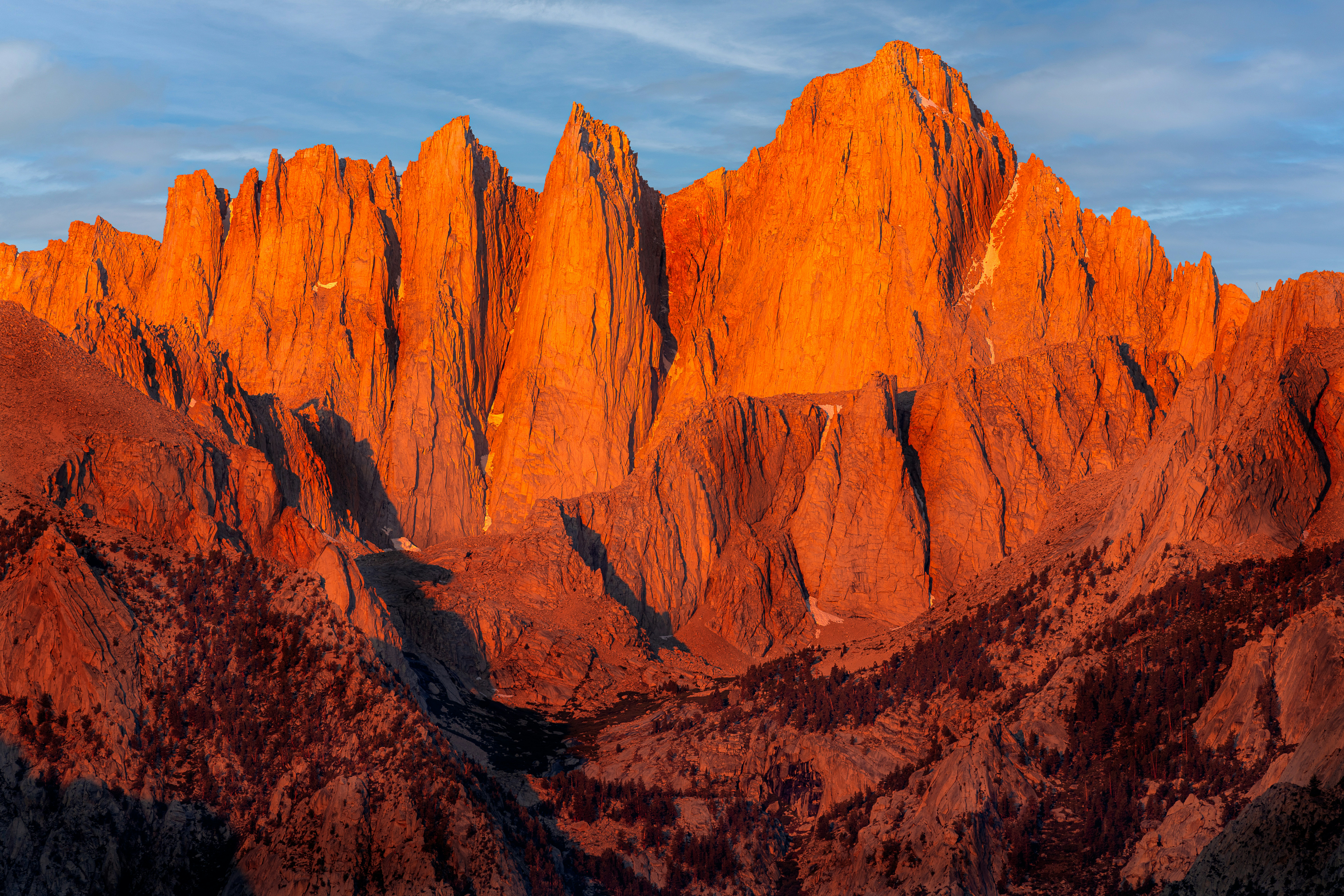 a very tall mountain with a sky background, Picturesque sunrise on mount Whitney