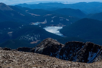 A scenic mountainous landscape with rugged peaks in the foreground and a shimmering lake nestled among rolling hills. The distant ridges and valleys extend to the horizon under a clear blue sky.