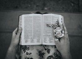 Close-up of hands holding a delicate flower and a well-worn Bible.