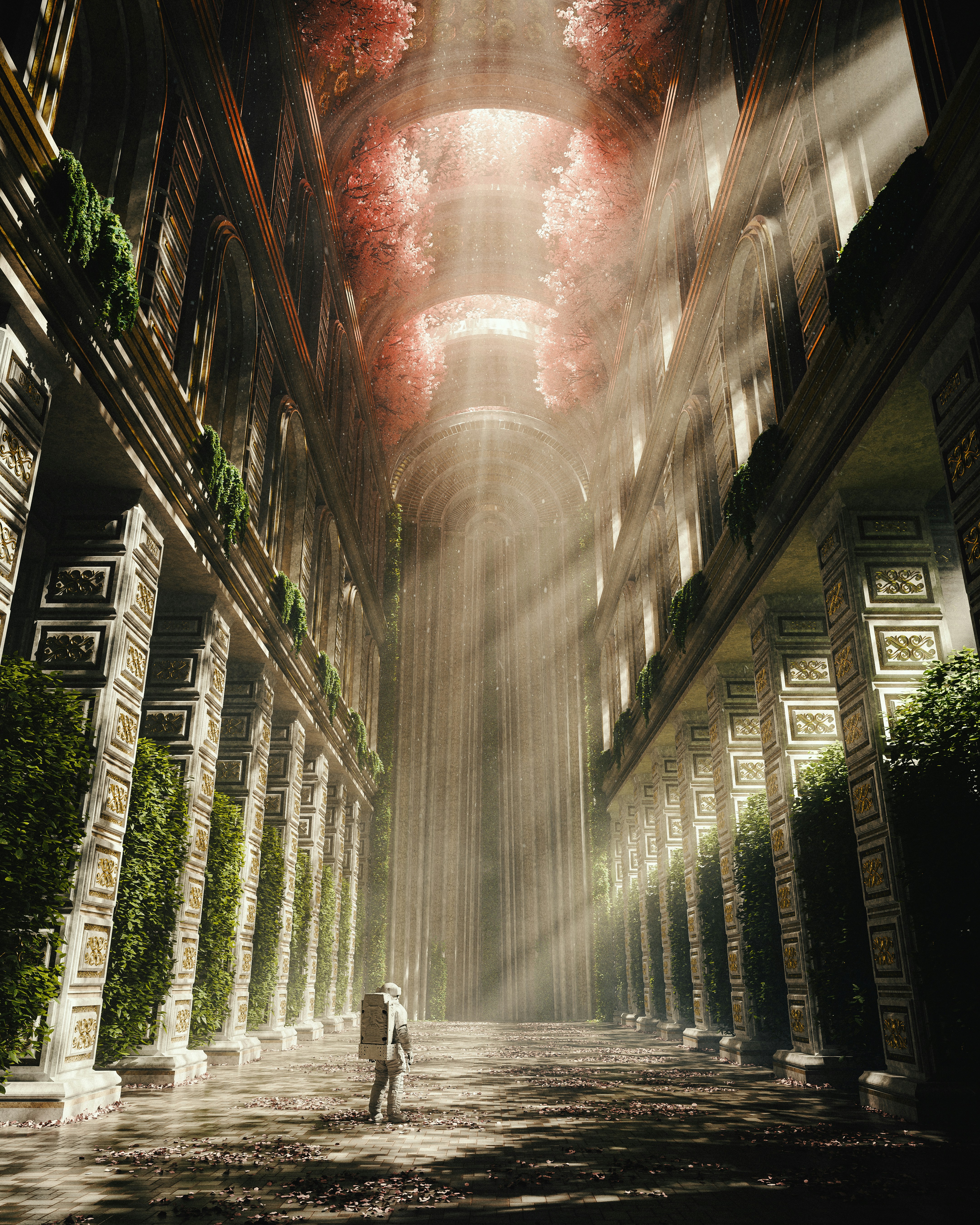 Un hombre está de pie en una gran sala con columnas