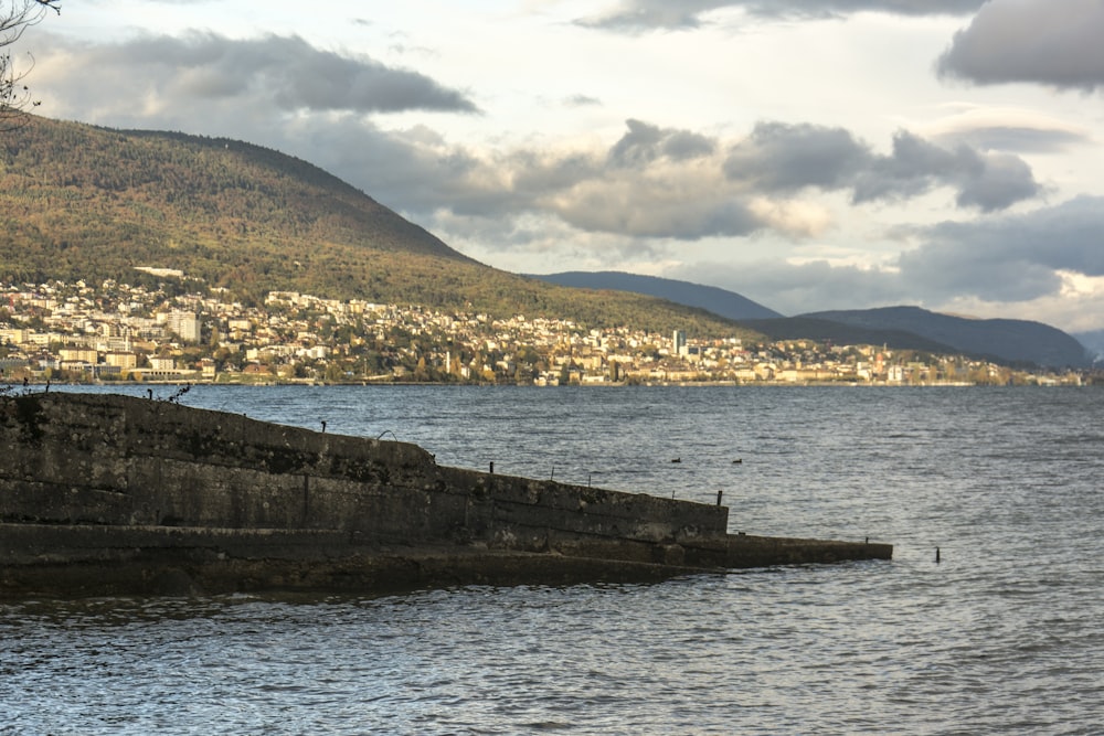 a large body of water with a city in the background