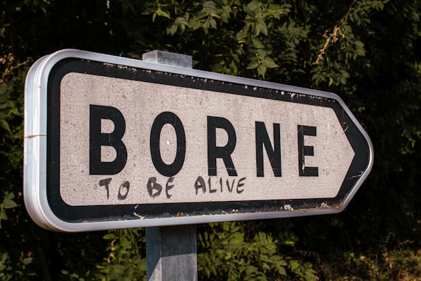 A road sign pointing to the right displays the word 'BORNE' with additional graffiti text reading 'TO BE ALIVE' beneath it. The sign is against a backdrop of dense green foliage, indicating a rural setting.