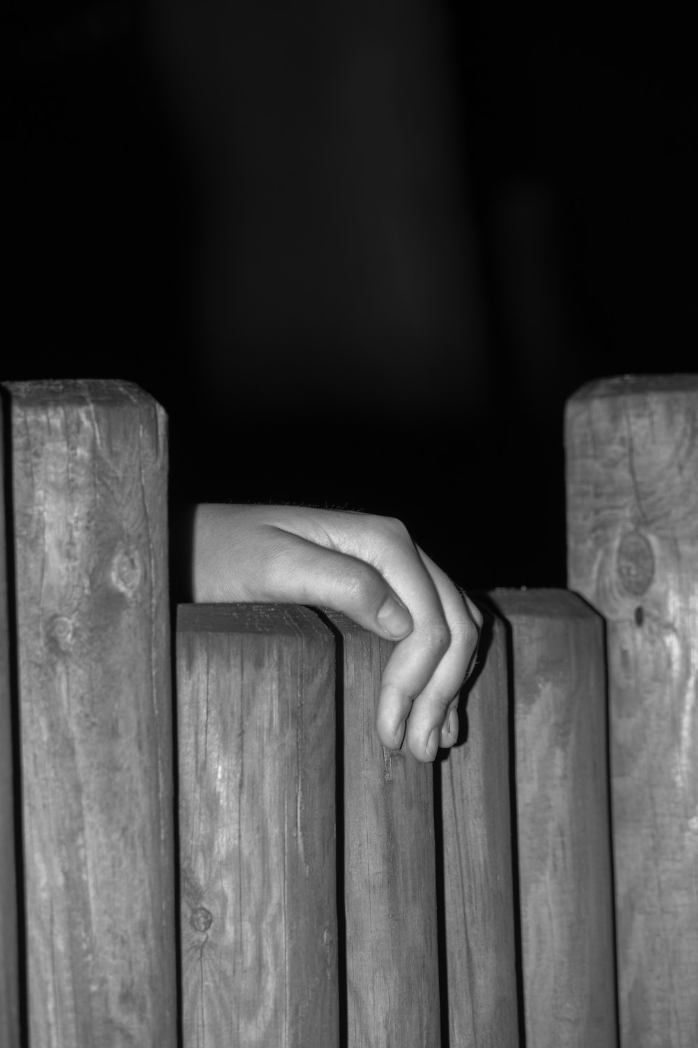 a black and white photo of a hand on a wooden fence