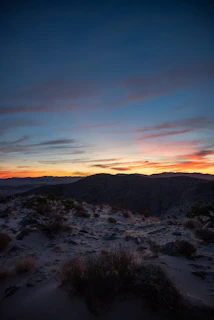 A cinematic image of a rugged outdoor landscape with bronze-hued rocks and a deep petrol blue sky at dusk.
