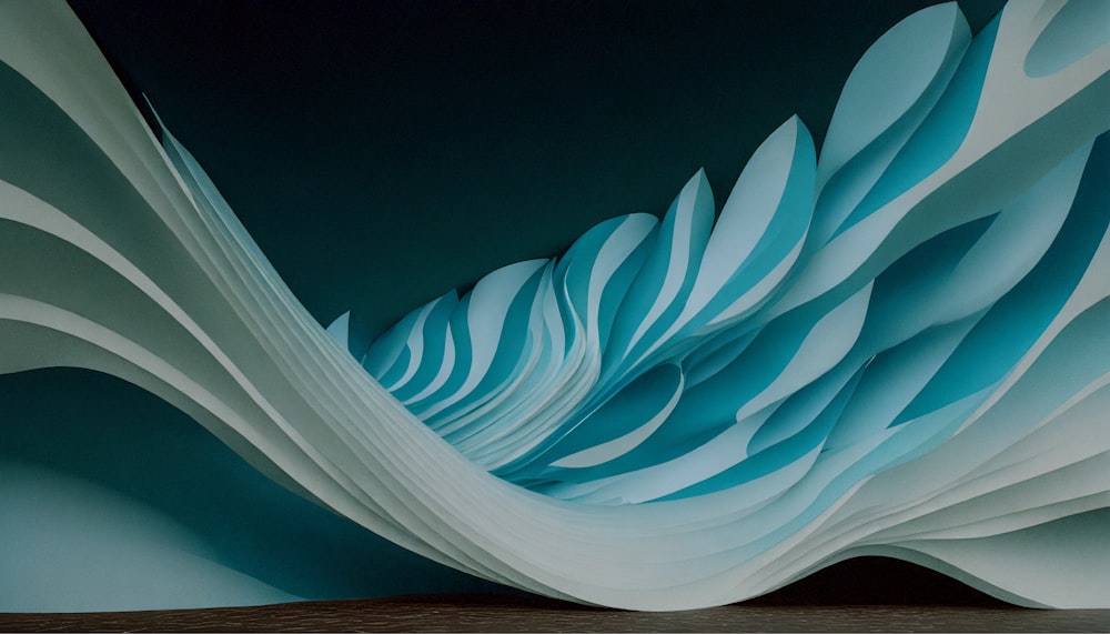 a painting of blue and white waves on a wall