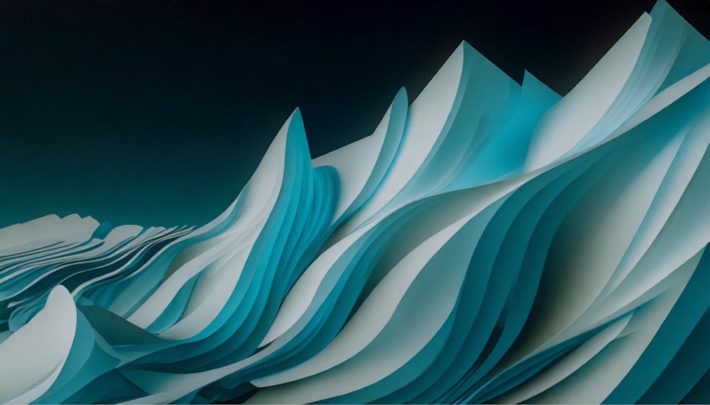 a painting of blue and white waves on a black background