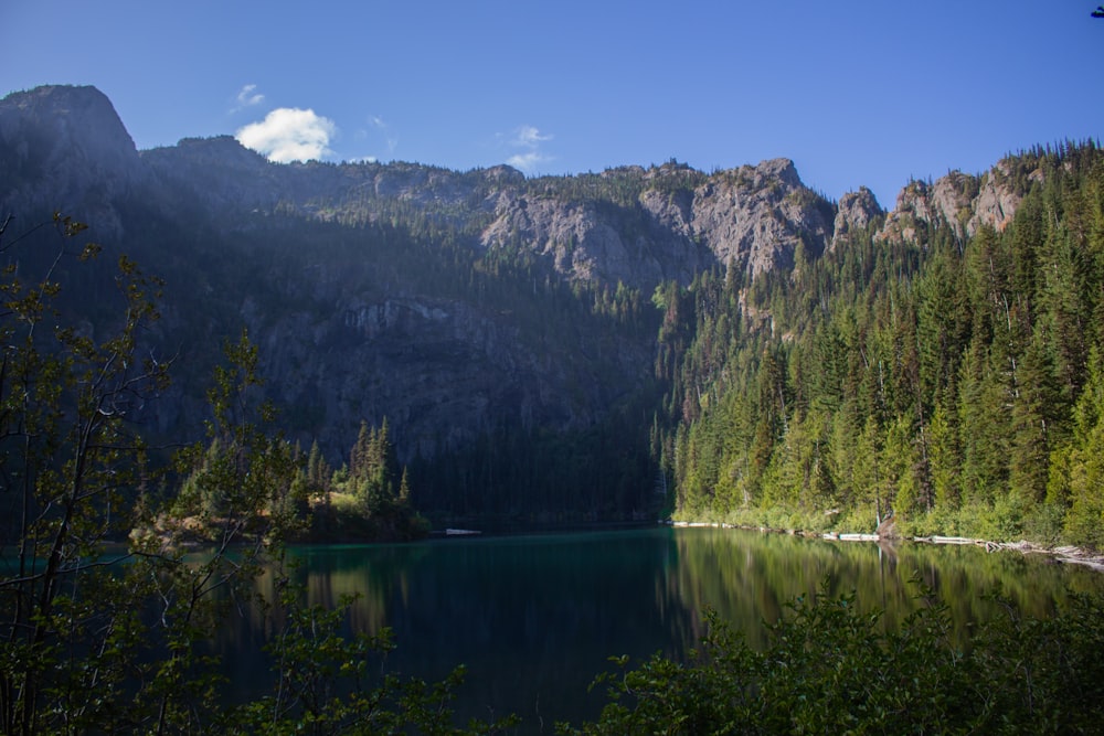 a lake surrounded by mountains and trees