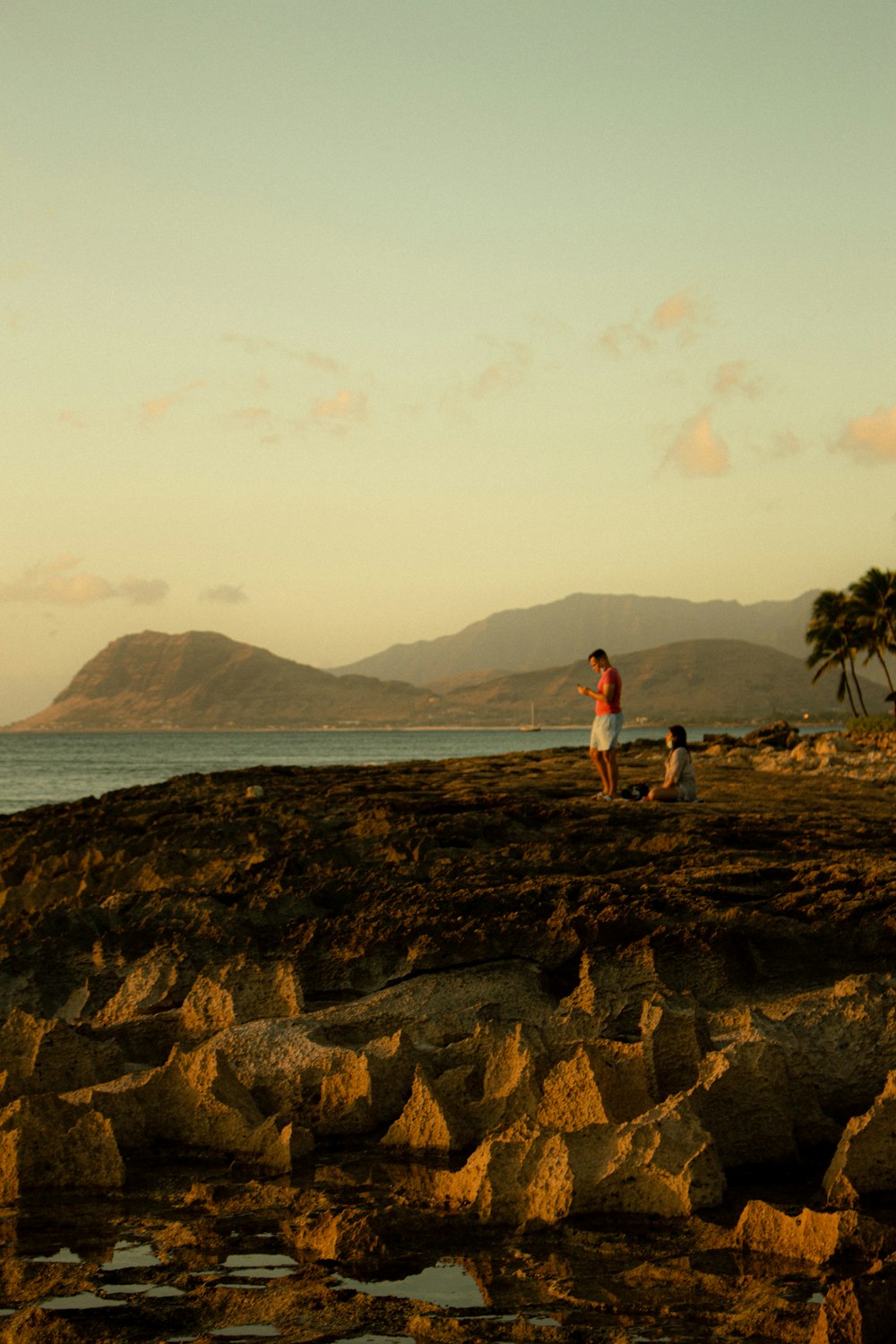 a man standing on a rocky beach next to the ocean