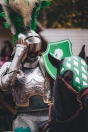a man in a green and white costume on a horse